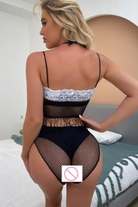 Lenjerie sexy dama, set 2 piese, top scurt cu franjuri, detaliu de contrast si chilot talie inalta, model semitransparent senzual, negru - Img 2