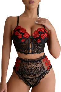 Lenjerie sexy dama, set 2 piese, top tip corset si chiloti cu talie inalta, model flori romantice, negru