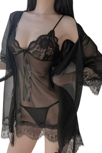 Lenjerie sexy, set 3 piese, rochie semitransparenta, chilot decupaj tanga si cover tip halat cu cordon, model delicat si senzual, tematica hot night, negru
