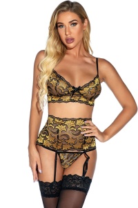 Lenjerie sexy, set 3 piese, sutien bretele reglabile, portjartier tip corset cu jartiere si chilot decupaj tanga asortat, model senzual, tematica feeling confident, auriu