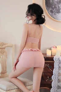 Lenjerie sexy, set 4 piese, fusta scurta, top tip bustiera, chilot decupaj tanga si accesoriu tip cordon, perfect pentru legaturi stranse, model semitransparent provocator, tematica wanna play, roz - Img 2