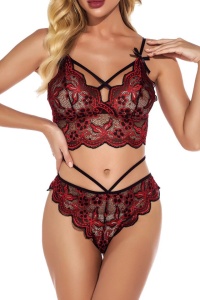 Lenjerie sexy, set din 2 piese, sutien tip bustiera si chiloti stil brazilian, dantela delicata, rosu