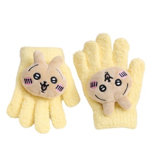 Manusi copii, model pufos cu manseta elastica, accesorizate cu figurine hazlii, tematica happy day, unisex, marime 6 – 10 ani, galbene deschis