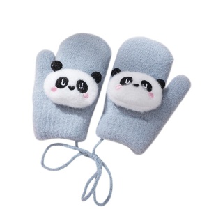Manusi copii, model pufos cu un singur degetel si snur, manseta elastica, accesorizate cu ursuleti, tematica panda mania, unisex, marime 2 – 8 ani, albastre