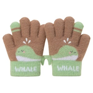 Manusi copii, model vesel cu balenuta, manseta elastica si detalii de contrast pe degete, tematica happy whale, unisex, marime 3 – 5 ani, maro cu verde