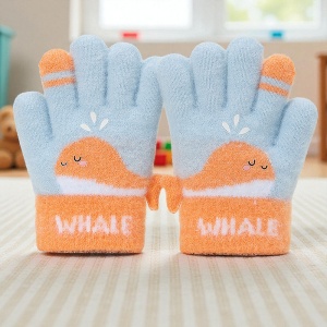 Manusi copii, model vesel cu balenuta, manseta elastica si detalii de contrast pe degete, tematica happy whale, unisex, marime 3 – 5 ani, albastre cu portocaliu - Img 2