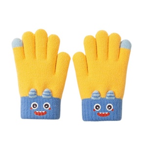 Manusi copii, model vesel, manseta accesorizata cu monstrulet, tematica happy little monster, baieti, marime 9 – 12 ani, galbene
