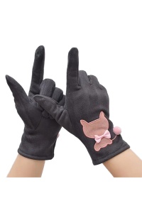 Manusi dama, model delicat cu pisica, accesorizat cu pom pom mic si fundita, tematica fashion cat, marime universala, gri