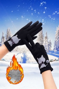 Manusi dama, model delicat cu pisica, accesorizat cu pom pom mic si fundita, tematica fashion cat, marime universala, negre - Img 3