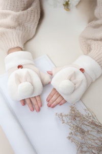 Manusi dama si adolescente, model cu degete dezgolite, capac prindere cu nasturel, accesorizate cu urechiuse si codita de iepuras, tematica winter bunny, marime universala, bej - Img 2
