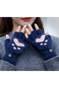 Manusi pentru adolescente pana in 18 ani, calduroase, model cu capat decapotabil si prindere cu nasture, tematica winter cat, marime universala, albastru inchis - Img 4