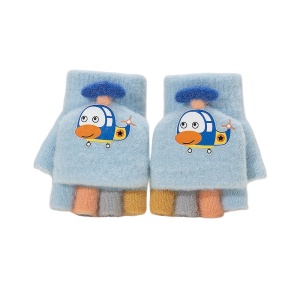 Manusi pentru copii, model cu degetele colorate descoperite si capac decapotabil, prindere cu nasturel, accesorizate cu elicopter haios, tematica let's play, unisex, marime 3 – 5 ani, albastru deschis