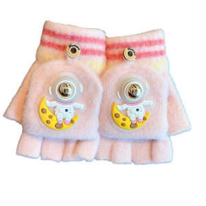 Manusi pentru copii, model cu degetele descoperite si capac decapotabil, prindere cu nasturel, accesorizate cu astronaut, tematica funny day, unisex, marime 4 – 10 ani, roz