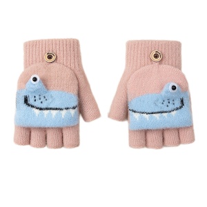 Manusi pentru copii, model cu degetele descoperite si capac decapotabil, prindere cu nasturel, accesorizate cu dinozauri, tematica sweet little monster, baieti, marime 7 – 9 ani, roz cu albastru deschis