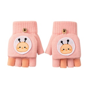 Manusi pentru copii, model cu degetele descoperite si capac decapotabil, prindere cu nasturel, accesorizate cu figurine vesele, tematica happy day, unisex, marime 9 – 12 ani, roz