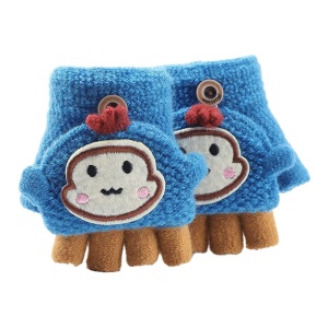 Manusi pentru copii, model cu degetele descoperite si capac decapotabil, prindere cu nasturel, accesorizate cu figurina haioasa, manseta elastica, tematica happy moments, marime 1 – 3 ani, albastre