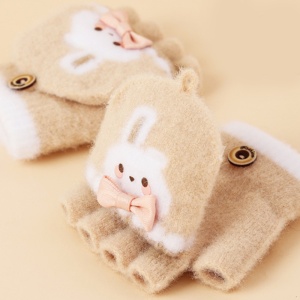 Manusi pentru copii, model cu degetele descoperite si capac decapotabil, prindere cu nasturel, accesorizate cu iepuras fashion, tematica winter style, unisex, marime 3 – 5 ani, bej - Img 2