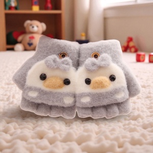 Manusi pentru copii, model cu degetele descoperite si capac decapotabil, prindere cu nasturel, accesorizate cu puiut prietenos, tematica cute overloaded, unisex, marime 6 luni – 3 ani i, gri - Img 3