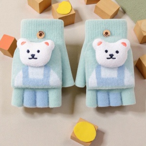 Manusi pentru copii, model cu degetele descoperite si capac decapotabil, prindere cu nasturel, accesorizate cu ursulet, tematica little bear, unisex, marime 7 – 12 ani, turcoaz - Img 3