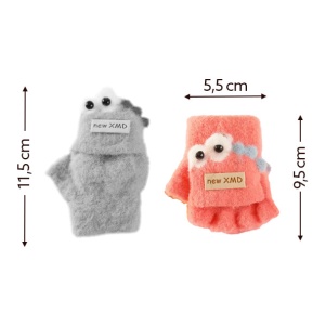 Manusi pentru copii, model cu degetele descoperite si capac decapotabil, prindere cu nasturel, accesorizate cu ochisori curiosi, manseta elastica, tematica funny dino, marime 0 – 3 ani, roz aprins - Img 3