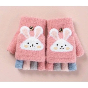 Manusi pentru copii, model cu degetele descoperite si capac decapotabil, prindere cu nasturel, accesorizate cu iepuras, manseta elastica, tematica cute bunny, marime 6 – 12 ani, roz inchis - Img 2