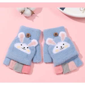 Manusi pentru copii, model cu degetele descoperite si capac decapotabil, prindere cu nasturel, accesorizate cu iepuras, manseta elastica, tematica cute bunny, marime 6 – 12 ani, albastre - Img 3