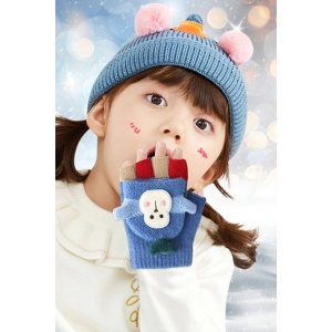 Manusi pentru copii, model cu degetele descoperite si capac decapotabil, prindere cu nasturel, accesorizate cu maimutica haioasa, manseta elastica, tematica happy winter, marime 3 – 6 ani, albastre - Img 2