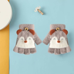 Manusi pentru copii, model cu degetele descoperite si capac decapotabil prindere cu nasture, manseta elastica, accesorizate cu puisor vesel, tematica happy winter, marime 1 – 5 ani, maro - Img 2