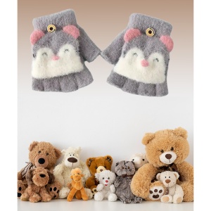 Manusi pentru copii, model cu degetele descoperite si capac decapotabil prindere cu nasture, manseta elastica, accesorizate cu puisor vesel, tematica happy winter, marime 1 – 5 ani, gri inchis - Img 3