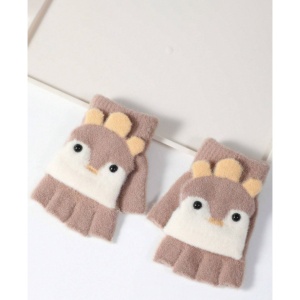 Manusi pentru copii, model cu degetele descoperite si capac decapotabil, accesorizate cu pinguini poznasi, tematica happy feet, marime 1 – 5 ani, maro - Img 4