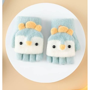 Manusi pentru copii, model cu degetele descoperite si capac decapotabil, accesorizate cu pinguini poznasi, tematica happy feet, marime 1 – 5 ani, verde deschis - Img 2
