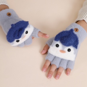 Manusi pentru copii, model cu degetele descoperite si capac decapotabil, prindere cu nasturel, accesorizate cu pinguin simpatic, tematica happy feet, unisex, marime 6 – 24 luni, albastru deschis - Img 4
