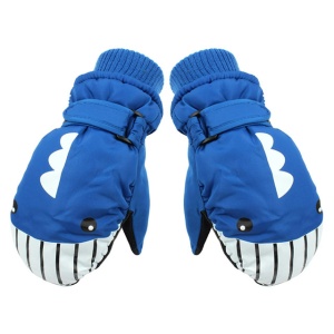 Manusi pentru copii, model cu un singur deget, manseta elastica si prindere reglabila, waterproof, imprimeu haios cu rechin prietenos, tematica let’s play outside, marime 5 – 12 ani, albastre