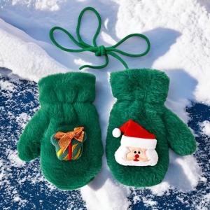 Manusi pentru copii, model super dragalas, moale si pufos, prinse cu snur intre ele, accesorizate cu figurine cute, tematica winter happy baby, 2 - 6 ani, verzi - Img 3