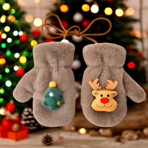 Manusi pentru copii, model super dragalas, moale si pufos, prinse cu snur intre ele, accesorizate cu figurine cute, tematica winter happy baby, 2 - 6 ani, maro - Img 4
