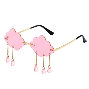 Ochelari de soare pentru femei, model trendy cu norisori, accesorizati cu lantisor si picaturi fashion, tematica I love to party, marime universala, roz