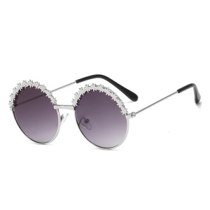 Ochelari de soare pentru fetite, model rotund accesorizat cu floricele, tematica glamour summer, marime universala, argintii
