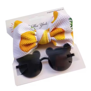 Ochelari de soare pentru fetite, set doua piese, model ursulet prietenos cu funda voluminoasa asortata, imprimeu delicat, tematica cute and fashion, negri