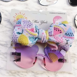 Ochelari de soare pentru fetite, set doua piese, model ursulet prietenos cu funda voluminoasa asortata, imprimeu delicat, tematica cute and fashion, roz cu mov - Img 3