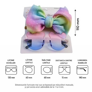 Ochelari de soare pentru fetite, set doua piese, model ursulet prietenos cu funda voluminoasa asortata, imprimeu delicat, tematica cute and fashion, roz cu albastru - Img 4