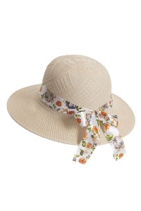 Palarie de dama, model elegant, accesorizat cu funda delicata imprimeu floral, tematica fashion summer, marime universala, bej