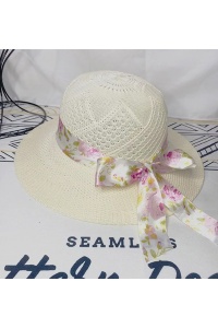 Palarie de dama, model elegant, accesorizat cu funda delicata imprimeu floral, tematica fashion summer, marime universala, alba - Img 4