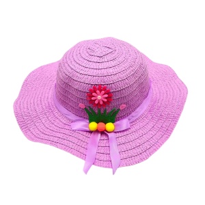 Palarie de soare, copii, model chic de vara pentru fetite, accesorizat cu flori si panglica, prindere sub barbie, margine ondulata, tematica cute summer, marime universala, mov