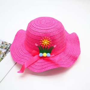 Palarie de soare, copii, model chic de vara pentru fetite, accesorizat cu flori si panglica, prindere sub barbie, margine ondulata, tematica cute summer, marime universala, roz aprins - Img 2