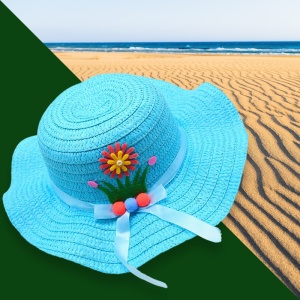 Palarie de soare, copii, model chic de vara pentru fetite, accesorizat cu flori si panglica, prindere sub barbie, margine ondulata, tematica cute summer, marime universala, albastra - Img 3
