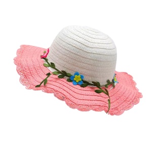 Palarie de soare, copii, model cute de vara pentru fetite, accesorizat cu floricele si frunzulite, prindere sub barbie, margine ondulata, tematica I love flowers, marime universala, roz deschis