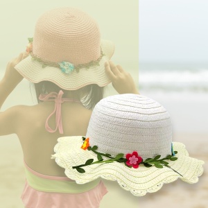 Palarie de soare, copii, model cute de vara pentru fetite, accesorizat cu floricele si frunzulite, prindere sub barbie, margine ondulata, tematica I love flowers, marime universala, galbena - Img 3