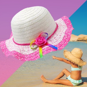 Palarie de soare, copii, model cute elegant pentru fetite, accesorizat cu flori si fundita rainbow, prindere sub barbie, margine ondulata, tematica happy summer, marime universala, roz aprins - Img 3