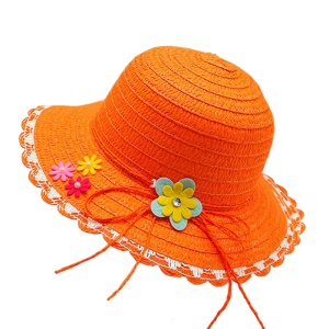 Palarie de soare, copii, model elegant pentru fetite, accesorizat cu flori multiple si fundita din sfoara, prindere sub barbie, margine fixa, tematica fashion summer, marime universala, portocalie