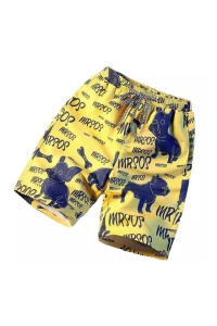 Pantaloni scurti de baie tip sort, barbati, galbeni, imprimeu caine buldog francez, uscare rapida